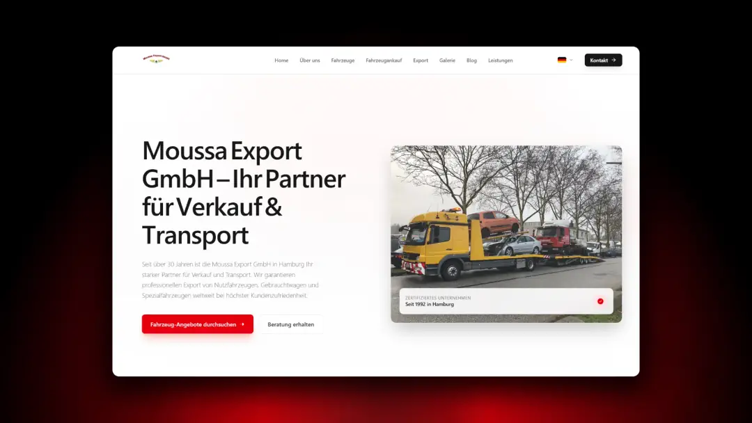 Moussa-Export-Website mit weiß-rotem Layout, Transportleistungen und einem gelben Abschleppwagen.