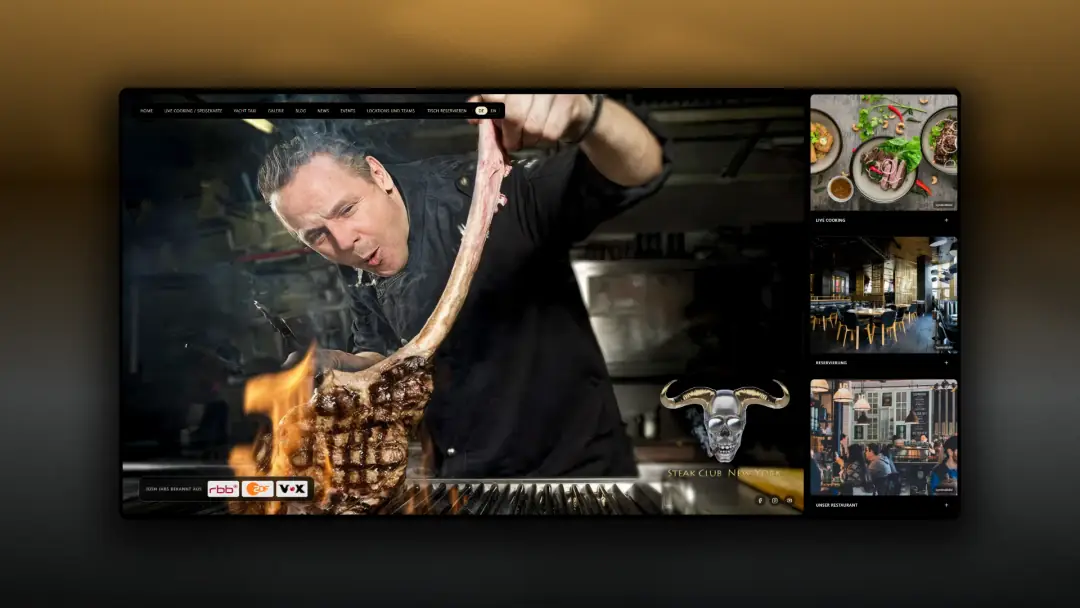Steak-Club-Website mit großem Foto eines Kochs beim Grillen sowie Bildern von Speisen und Restaurant.